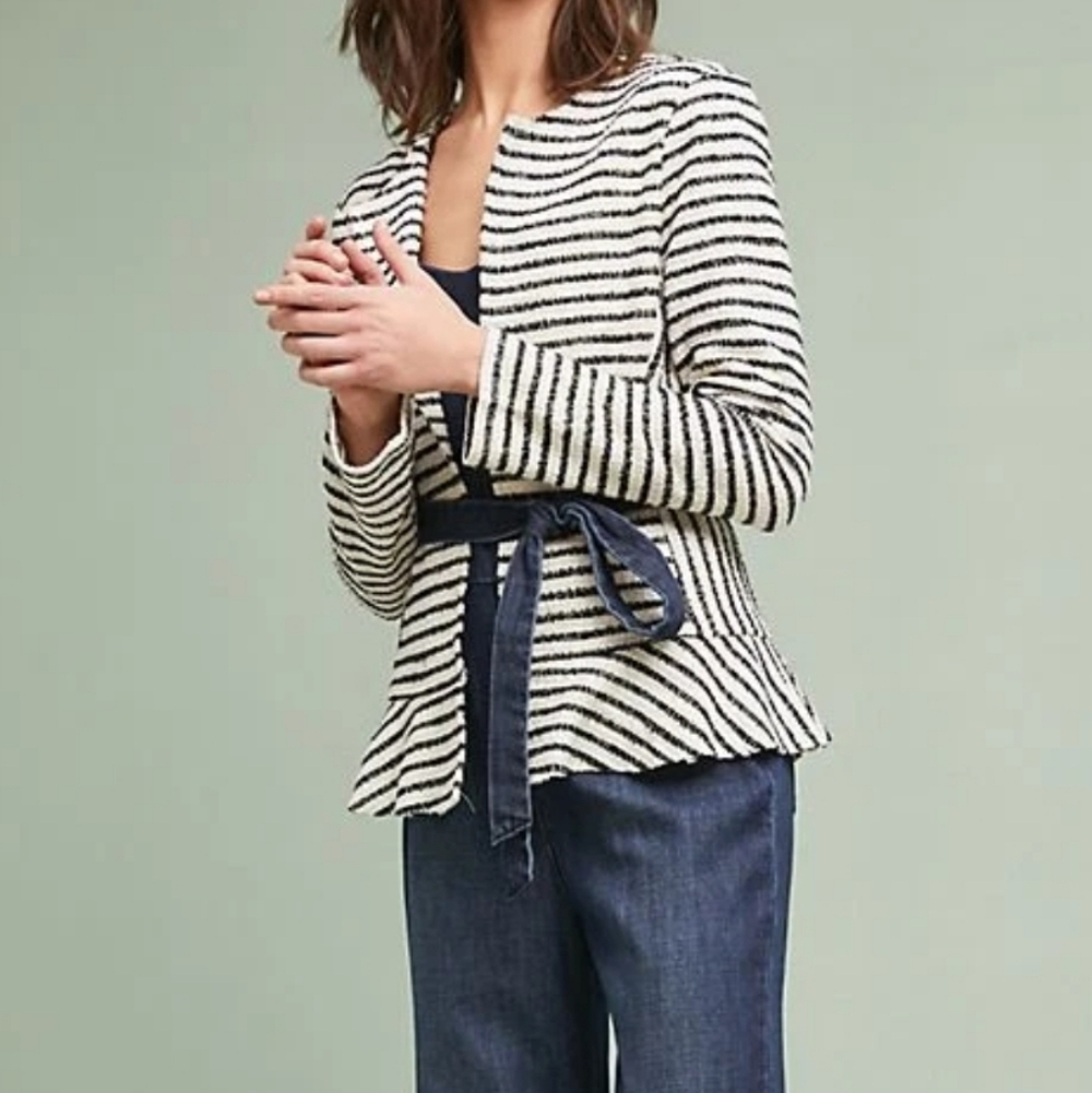 Anthropologie Dolan Black & Ivory Left Coast Striped Open Peplum Blazer Small